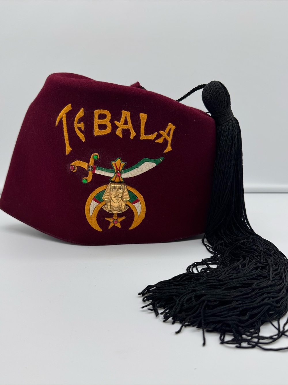 Vintage Tebala Shriners Fez Hat Red Felt Rhinestone Masonic Tassel